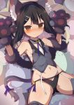  absurdres animal_ears ass_visible_through_thighs bell black_hair black_panties blush breasts brown_eyes closed_mouth commentary_request fake_animal_ears fate/kaleid_liner_prisma_illya fate_(series) garter_straps gloves grey_legwear hair_ornament hairband hairclip highres jingle_bell looking_at_viewer lying midriff miyu_edelfelt navel on_back panties paw_gloves paws shiny shiny_hair shiny_skin short_hair small_breasts smile solo spread_legs thighhighs tomo_(ryo_i_so_) twintails underwear 