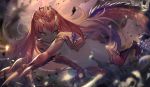  :d bangs blurry blurry_background breasts claws commentary_request depth_of_field evil_smile fang fuyouchu grey_eyes horns long_hair looking_at_viewer monster_girl monster_hunter monster_hunter:_world navel nude odogaron open_mouth personification pussy red_hair small_breasts smile solo tail v-shaped_eyebrows very_long_hair 