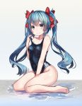  bangs barefoot blue_eyes blue_hair blush breasts covered_navel full_body hair_ribbon highres long_hair looking_at_viewer natori_youkai one-piece_swimsuit original red_ribbon reflection ribbon school_swimsuit shiny shiny_clothes sitting small_breasts smile solo strap_pull swimsuit twintails wariza water wet 