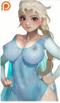  10s 1girl areolae blonde_hair blue_dress blue_eyes blush braid breasts cape cleavage covered_navel disney dress earrings elsa_(frozen) frozen_(disney) hands_on_hips large_breasts long_hair looking_at_viewer nipples no_bra no_panties out-of-frame_censoring patreon ponytail randy_(awesomevillage) see-through simple_background solo standing stud_earrings white_background 