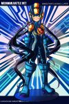  1girl artist_name black_hair blue_gloves blush bodysuit boots capcom deviantart elbow_gloves epaulettes full_body genderswap gloves green_eyes heels high_heels long_hair rockman rockman_exe rockman_exe_(character) solo standing text 