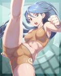  :o armpits bangs bare_arms battle_girl_(pokemon) bike_shorts blue_eyes blue_hair blush breasts clenched_hand commentary_request eyebrows_visible_through_hair fighting_stance fingerless_gloves gloves high_kick high_ponytail highres kicking kneepits kous_(onetwojustice) leg_lift leg_up long_hair looking_at_viewer medium_breasts midriff navel open_mouth pokemon pokemon_(game) pokemon_oras ponytail solo sports_bra stomach swept_bangs upper_teeth v-shaped_eyebrows very_long_hair 