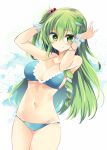  bare_arms bare_shoulders bikini blue_bikini blush breasts cleavage collarbone commentary_request cowboy_shot eyebrows_visible_through_hair frog_hair_ornament green_eyes green_hair hair_between_eyes hair_bobbles hair_ornament hands_up highres kochiya_sanae long_hair looking_at_viewer maturiuta_sorato medium_breasts navel see-through smile snake_hair_ornament solo standing star star-shaped_pupils swimsuit symbol-shaped_pupils touhou very_long_hair white_background wrist_cuffs 