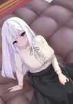  absurdres alternate_costume azur_lane bangs black_skirt breasts casual contemporary couch enterprise_(azur_lane) eyebrows_visible_through_hair from_above highres isobeageage large_breasts long_hair long_skirt long_sleeves looking_at_viewer meme_attire neck_ribbon on_couch pout purple_eyes ribbon shirt silver_hair skirt skirt_hold solo straight_hair virgin_killer_sweater white_shirt 