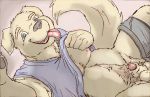  animal_genitalia animal_penis anthro balls canine canine_penis clothed clothing digital_media_(artwork) dog fur lavilovi looking_at_viewer male mammal navel nipples open_mouth penis sheath simple_background slightly_chubby smile solo thick_thighs tongue 