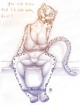  2018 anthro areola breasts clothing dukebarbatos english_text feline female leopard mammal panties pussy simple_background sitting snow_leopard solo text tongue underwear 