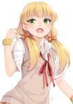  alternate_hairstyle bangs blonde_hair blush bracelet collared_shirt commentary_request eyebrows_visible_through_hair fangs green_eyes hair_bobbles hair_ornament idolmaster idolmaster_cinderella_girls jewelry jougasaki_rika long_hair looking_at_viewer low_twintails miri_(ago550421) open_mouth red_ribbon ribbon school_uniform shirt signature simple_background solo sweater_vest twintails white_background white_shirt 