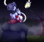  2017 arm_warmers armwear big_breasts big_butt blue_hair blue_skin breasts butt clothed clothing dragon duo elfdrago female glowing glowing_eyes grass hair hair_over_eye hi_res huge_butt humanoid leviathan_(skullgirls) looking_at_viewer looking_back male night not_furry rear_view red_eyes sitting skull skullgirls sky smile solo_focus squigly stitches tree undead video_games yellow_eyes zombie 