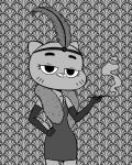  2018 4_fingers abstract_background anthro armwear art_deco bedroom_eyes breasts cartoon_network cat cigarette clothed clothing collar digital_media_(artwork) dress elbow_gloves feathers feline female fur gloves half-closed_eyes hand_on_hip looking_at_viewer mammal mature_female monochrome mother nicole_watterson night_dress parent pose scarf seductive smile smoking solo the_amazing_world_of_gumball theinsidiousjegc whiskers zeigram 