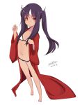  absurdres bangs bare_legs barefoot bikini black_hair blush brown_eyes closed_mouth collarbone commentary_request dark_skin dated eyebrows_visible_through_hair full_body highres horn long_hair long_sleeves looking_at_viewer maze_(gochama_ze_gohan) navel original red_robe robe sidelocks signature simple_background sketch smile solo standing swimsuit twintails white_background white_bikini wide_sleeves 
