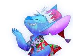  2018 4_fingers alien blue_claws blue_fur blue_nose chest_tuft christmas claws clothed clothing disney elbow_tufts experiment_(species) eyes_closed fur hat hawaiian_shirt head_tuft holidays lei lilo_and_stitch notched_ear nuushi santa_hat shirt simple_background smile snow snowing solo stitch tuft white_background 