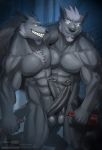  2016 abs alley anthro balls big_muscles big_penis big_smile brothers canine chest_tuft chin_tuft duo erection fur glowing glowing_eyes grey_fur grin hi_res inviting male mammal muscular navel nude penis precum pubes sibling smile todex tuft were werewolf 
