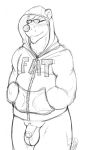  anthro balls bear black_and_white bottomless clothed clothing english_text eyewear flaccid fur hoodie humanoid_penis looking_at_viewer male mammal monochrome myke_(character) nude overweight penis solo spookysushi text thick_penis 