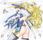  1girl arm_blade armor artist_request ass blazblue blonde_hair blue_eyes elbow_gloves from_behind long_hair mecha_musume mu-12 reflection shiny shiny_hair shiny_skin solo thighhighs very_long_hair 