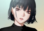  artist_name bangs black_hair brown_eyes close-up earrings expressionless eyeshadow face gradient gradient_background green_eyes inanome_me jewelry lips looking_at_viewer makeup multicolored multicolored_eyes original parted_lips shiny shiny_hair solo tsurime upper_body 