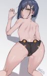 ass bare_back black_panties blue_hair blush darling_in_the_franxx green_eyes hair_ornament hairclip ichigo_(darling_in_the_franxx) panties presenting short_hair solo topless underwear you06 