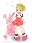  1girl android blonde_hair blue_eyes blush bow capcom cherry_blossom dress flower fringe full_body hair_bow hair_ornament high_ponytail holding_clothes hoodie long_hair open_mouth petals ponytail red_dress rockman rockman_(classic) rockman_11 roll shoes sidelocks simple_background smile solo solo_focus standing white_background 