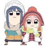  :3 aikawa_ryou arms_behind_back beanie bkub_(style) black_skirt blue_eyes blue_hair blue_shorts brown_footwear brown_hat brown_legwear brown_scarf closed_mouth commentary_request fringe_trim fur-trimmed_boots fur_trim green_scarf hat jacket kagamihara_nadeshiko long_sleeves looking_at_viewer multiple_girls pantyhose parody pink_hair plaid plaid_jacket pleated_skirt poptepipic purple_eyes red_jacket scarf season_connection shima_rin short_shorts shorts sidelocks simple_background skirt standing style_parody vest white_background white_hat white_vest yurucamp 
