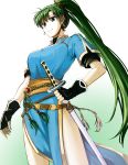  absurdres bangs belt breasts commentary delsaber earrings fingerless_gloves fire_emblem fire_emblem:_rekka_no_ken gloves gradient gradient_background green_eyes green_hair hand_on_hip highres holding jewelry long_hair looking_at_viewer lyndis_(fire_emblem) medium_breasts pelvic_curtain ponytail sheath sheathed short_sleeves simple_background smile solo sword very_long_hair weapon 