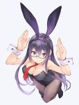  alternate_breast_size alternate_costume animal_ears arms_up black_hair black_leotard blue_eyes breasts bunny_ears bunny_pose bunnysuit cleavage detached_collar fake_animal_ears from_above fumikiri glasses grey_legwear hairband kantai_collection large_breasts leotard long_hair looking_at_viewer necktie ooyodo_(kantai_collection) pantyhose red_neckwear simple_background smile solo strapless strapless_leotard w_arms white_background wrist_cuffs 