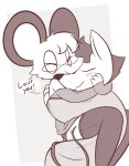  2018 absurd_res anthro blush canine chow_(theartmanor) clothing cuddling dialogue duo english_text eyes_closed eyewear female glasses hi_res hug legwear love male male/female mammal molte mouse pandemonium_wizard_village pointy_ears rodent romantic romantic_couple simple_background smile sweater text theartmanor thigh_highs 