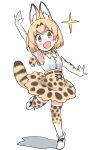  :d animal_ears animal_print blonde_hair bow bowtie commentary_request elbow_gloves extra_ears eyebrows_visible_through_hair gloves hands_up high-waist_skirt highres kemono_friends leopard_print open_mouth sandstar serval_(kemono_friends) serval_ears serval_print serval_tail shadow short_hair simple_background skirt smile standing standing_on_one_leg tail thighhighs white_background yellow_eyes zettai_ryouiki zk_(zk_gundan) 