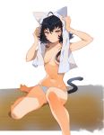  absurdres ahoge animal_ears arutera ass_visible_through_thighs bad_id bad_twitter_id banned_artist bare_legs barefoot black_hair blue_eyes blue_panties blush breasts bright_pupils cat_ears cat_tail closed_mouth hair_censor hair_over_one_breast highres looking_at_viewer navel original panties short_hair sitting small_breasts solo tail topless towel towel_on_head underwear underwear_only wet white_towel 