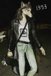  1990s anthro brown_hair canine clothing fur hair high_contrast hriscia jacket leather leather_jacket long_hair male mammal pants purse red_eyes shirt solo traditional_media_(artwork) white_fur wolf 