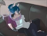  anthro canine clothed clothing cosmicminerals duo eyes_closed feline female female/female fox hoodie hug lying mammal on_side sitting smile 