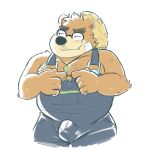  2018 anthro bear blush brown_fur bulge clothing eyewear fur glasses hat male mammal overalls overweight overweight_male riversausage simple_background solo straw_hat tokyo_afterschool_summoners volos white_background 