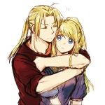  1girl ahoge blonde_hair blue_eyes blue_shirt closed_eyes commentary_request edward_elric eyebrows_visible_through_hair fullmetal_alchemist hug hug_from_behind long_hair ponytail red_shirt shirt sketch sleeves_folded_up tsukuda0310 winry_rockbell 