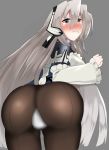  1girl artist_request ass blue_eyes blush bodysuit breasts from_behind gloves headgear horizon_ariadust huge_ass kyoukaisenjou_no_horizon large_breasts leaning leaning_forward long_hair looking_at_viewer pantyhose shiny shiny_hair sideboob silver_hair solo tears very_long_hair wavy_mouth 