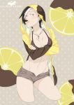  absurdres artist_name bikini_top black_hair black_hood black_shorts blush breasts breasts_apart brown_bikini_top character_name chocolate collarbone contrapposto cropped_legs cross cross_necklace crossed_arms ear_piercing food food_in_mouth food_themed_background fruit highres hood hood_up hoodie jewelry kamezaemon lemon lemon_slice long_sleeves looking_at_viewer medium_breasts mouth_hold multicolored_hair navel necklace open_clothes open_fly open_hoodie original pendant piercing polka_dot polka_dot_background sanpaku short_hair shorts solo standing stomach streaked_hair striped striped_bikini_top thighs unbuttoned vertical_stripes white_hair 