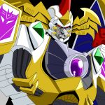  black_background commentary_request decepticon galvatron grinding horns hufuhao insignia looking_at_viewer no_humans red_eyes simple_background solo teeth transformers transformers_car_robots upper_body 