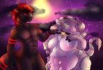  anthro bell_collar big_breasts bovine breasts cattle collar cowbell dragon duo female hi_res lotusaur male male/female mammal muscular muscular_male night_sky nipples nude scalie slightly_chubby teats udders 