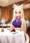  animal_ears bare_shoulders blonde_hair blue_eyes blurry blurry_background breasts candle cat_ears cat_tail cellphone coconut_(sayori) commentary commission cowfee depth_of_field dress eyebrows_visible_through_hair fork hair_between_eyes heterochromia highres indoors knife large_breasts long_hair nekopara phone plate purple_dress restaurant sitting smartphone smile solo table tablecloth tail yellow_eyes 
