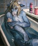  anthro bath bathing bathtub blue_fur bovine breasts cattle convenient_censorship female fur grey_eyes horn hriscia mammal nude solo sponge tasteful_nudity traditional_media_(artwork) 