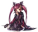  alucard_lore bat bat_wings blush bow cape commentary_request dress emil_chronicle_online hair_bow hair_ornament hair_ribbon long_hair looking_at_viewer nakasaki_hydra red_eyes red_hair ribbon sitting smile transparent_background twintails wings yokozuwari 