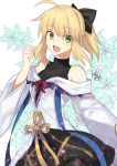  :d artoria_pendragon_(all) bangs bare_shoulders black_bow black_skirt blonde_hair blush bow collarbone cosplay dress eyebrows_visible_through_hair fate/grand_order fate_(series) green_eyes hair_between_eyes hair_bow hand_up highres long_sleeves merlin_(fate) merlin_(fate)_(cosplay) nikame off-shoulder_dress off_shoulder open_mouth ponytail saber_lily sidelocks skin_tight skirt smile solo white_dress wide_sleeves 