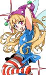  :d american_flag_legwear arms_behind_head arms_up blonde_hair blue_dress blush clownpiece dress eyebrows_visible_through_hair fairy_wings from_side hat highres jester_cap leg_up long_hair looking_at_viewer looking_to_the_side mismatched_legwear no_shoes open_mouth pantyhose pink_eyes pink_hat polka_dot_hat print_dress smile solo standing standing_on_one_leg star star_print striped striped_legwear tareme touhou very_long_hair wings zk_(zk_gundan) 
