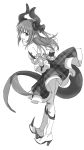  :d boots elizabeth_bathory_(fate) elizabeth_bathory_(fate)_(all) fate/extra fate/grand_order fate_(series) frilled_skirt frills greyscale highres horns kinosuke_(sositeimanoga) monochrome open_mouth simple_background skirt smile standing tail white_background 