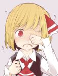  ascot black_vest blonde_hair collared_shirt commentary crying crying_with_eyes_open eyebrows_visible_through_hair frown hair_ribbon jagabutter looking_at_viewer red_eyes red_neckwear red_ribbon ribbon rumia shirt short_hair sleeves_past_wrists snort sobbing solo teardrop tears touhou trembling upper_body vest white_shirt wiping_tears 