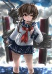  anchor_symbol black_legwear black_sailor_collar black_skirt brown_hair cloud cloudy_sky commentary_request folded_ponytail hair_ornament hairclip highres inazuma_(kantai_collection) kantai_collection kneehighs lens_flare long_hair looking_at_viewer machinery neckerchief nukoyarou outdoors pleated_skirt red_neckwear sailor_collar school_uniform serafuku skirt sky solo sparkle standing water 