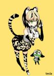  1girl animal_ears blonde_hair blush breasts brown_gloves brown_skirt elbow_gloves eyebrows_visible_through_hair eyewear_removed glasses gloves green_eyes holding holding_eyewear kemono_friends keroro keroro_gunsou large_breasts looking_at_viewer margay_(kemono_friends) parted_lips partially_colored qihai_lunpo short_hair skirt tail thighhighs yellow_background 