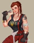  1girl brigitte_(overwatch) gloves green_eyes looking_at_viewer overalls overwatch qoo_(770611) red_hair tagme tattoo 