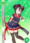  black_hair blush character_name dress gloves green_eyes long_hair love_live!_school_idol_festival love_live!_school_idol_project shorts smile staff twin_buns wink yazawa_nico 