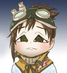  :3 brown_hair chamaji commentary_request eyebrows_visible_through_hair goggles goggles_on_head gradient gradient_background grey_eyes handler_(monster_hunter_world) highres looking_at_viewer monster_hunter monster_hunter:_world neck_ribbon portrait ribbon solo 