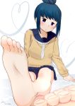  barefoot blue_hair blush looking_at_viewer purple_eyes sakitsurumura shima_rin soles toes yurucamp 