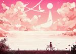  bicycle boat bush cloud cloudy_sky commentary from_behind full_moon grass ground_vehicle larienne monochrome moon ocean original outdoors pink sailboat scenery silhouette sky solo star_(sky) starry_sky watercraft watermark web_address 