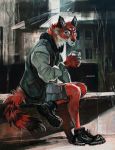  anthro blue_eyes canine class claws clothed clothing detailed_background footwear fox fur hriscia jacket looking_at_viewer male mammal plantigrade red_fox red_fur shoes shorts sitting solo traditional_media_(artwork) whiskers 